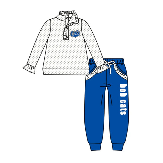 (Custom Design Preorder MOQ 5) Team's Cats Print Pullover Top Blue Pants Girls Fall Clothes Set