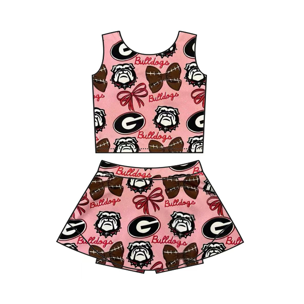(Custom Design Preorder MOQ 5) Team's Bulldogs Bows Print Shorts Skirts Girls Summer Yoga Clothes Set