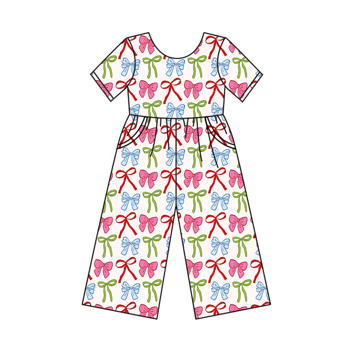 (Custom Design Preorder MOQ 5) Colorful Bows Print Pockets Girls Summer Jumpsuits