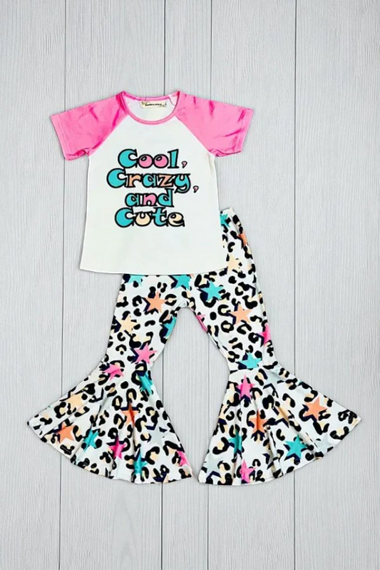 (Custom Design Preorder MOQ 5) Cool Crazy And Cute Top Leopard Bell Pants Girls Clothes Set