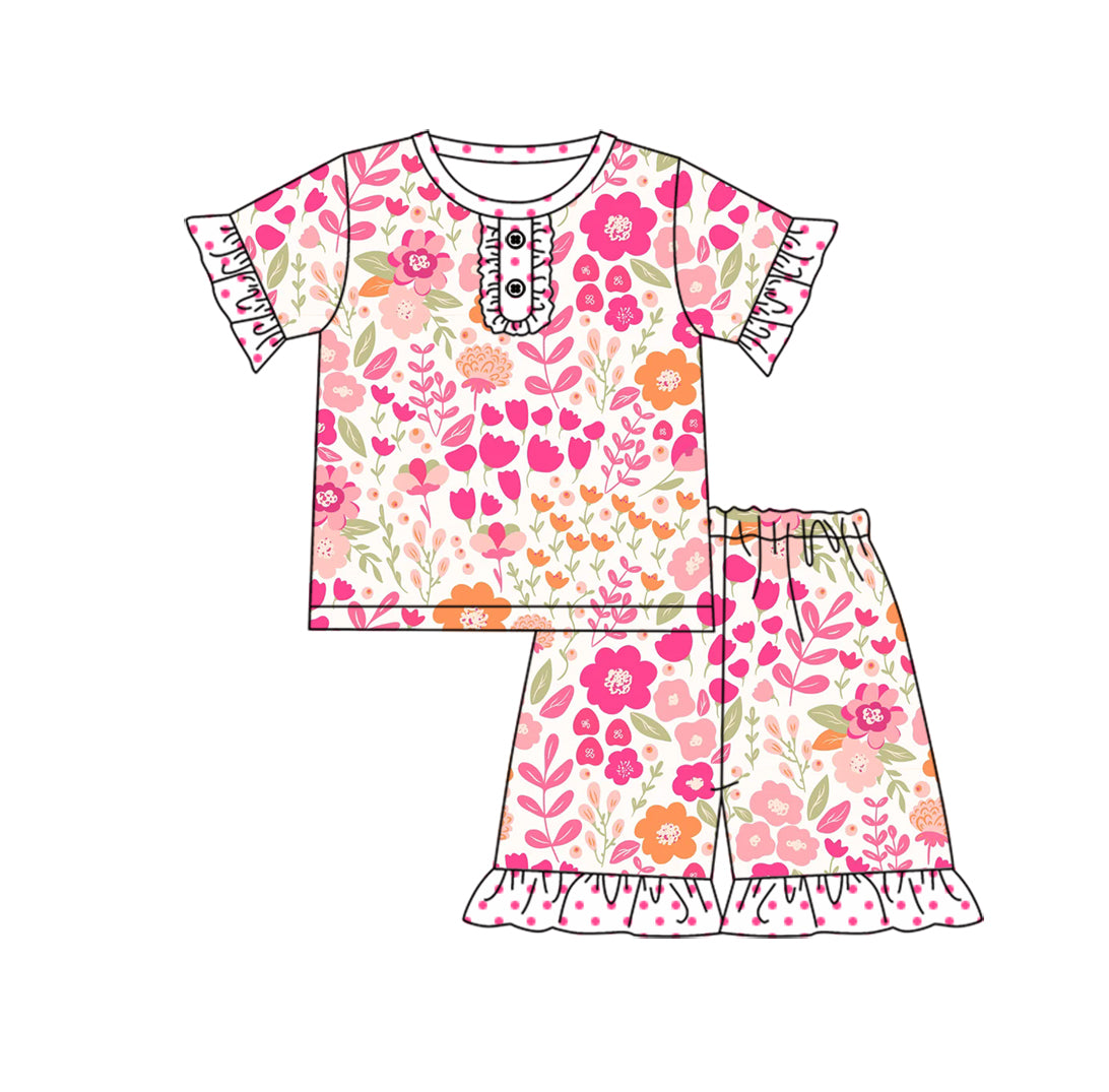 (Custom Design Preorder MOQ 5) Pink Flowers Print Girls Summer Pajamas Clothes Set