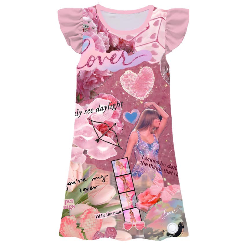 11.22(Custom Design Preorder MOQ 5) Singer Swiftie Pink Print Girls Flutter Sleeve Knee Length Dress