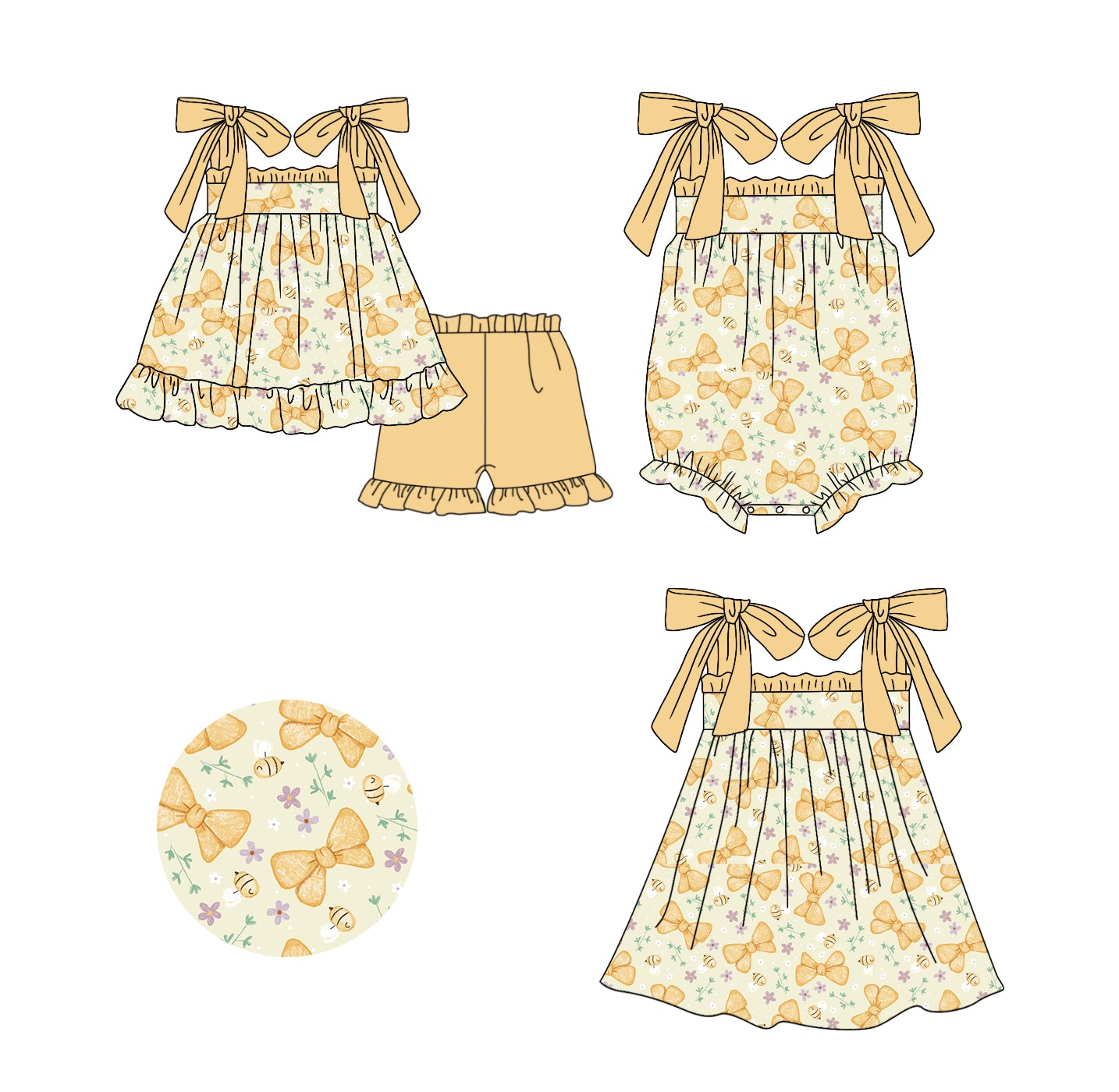 11.20(Custom Design Preorder MOQ 5 Each Design) Bee Flowers Print Girls Summer Matching Clothes Sisters Wear