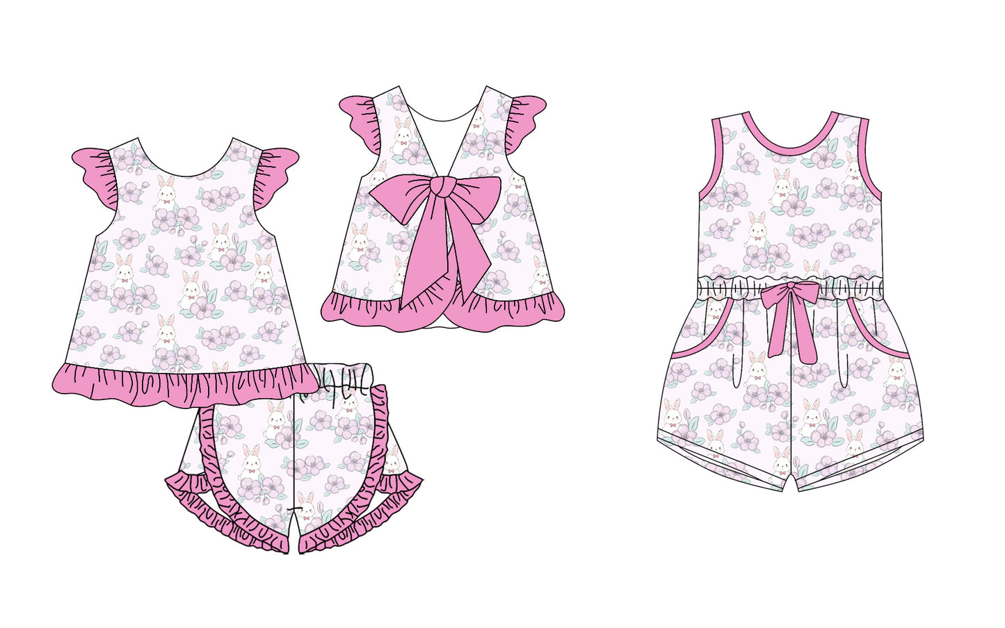 12.23(Custom Design Preorder MOQ 5 Each Design) Bunny Pink Flowers Print Girls Easter Matching Clothes Sisters Wear