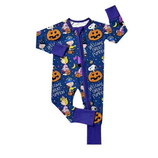 (Custom Design Preorder MOQ 20)  Cartoon Dog Pumpkin Print Baby Bamboo Halloween Sleeper Zipper Romper