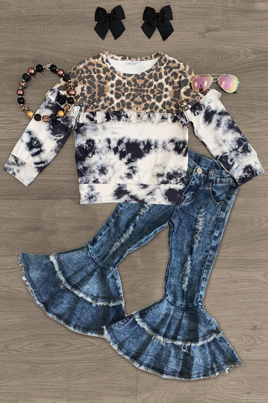 (Custom Design Preorder MOQ 5) Leopard Black Tie-dye Top Blue Denim Hole Jeans Girls Clothes Set