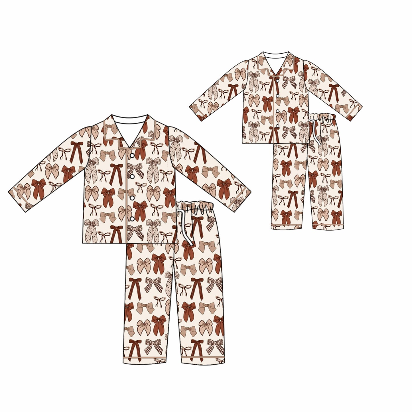 (Custom Design Preorder MOQ 5 Each Design) Brown Bows Print Buttons Pajamas Sets Mom and Me Matching Clothes