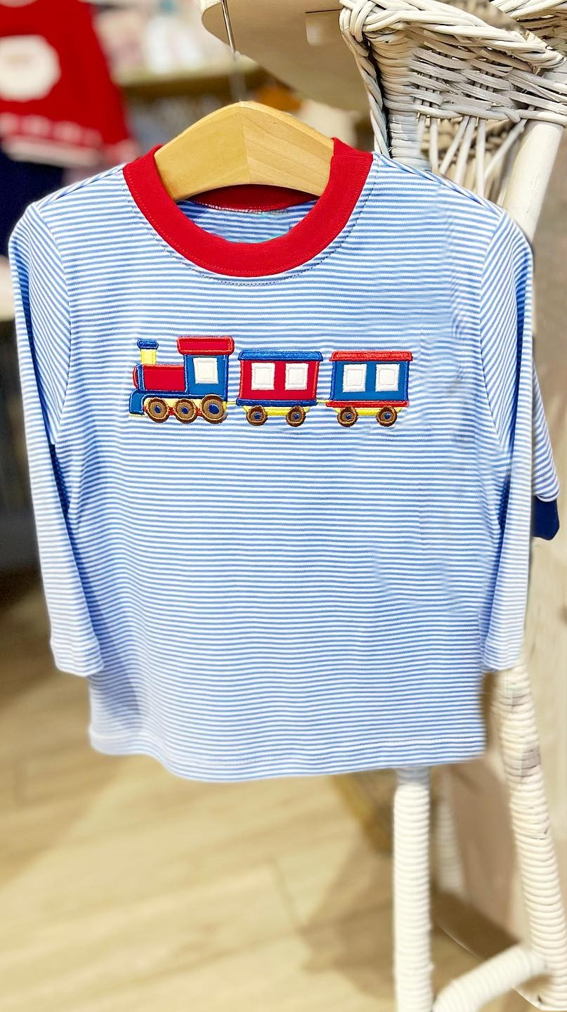 (Custom Design Preorder MOQ 5 ) Train Blue Stripes Print Boys Tee Shirts Top