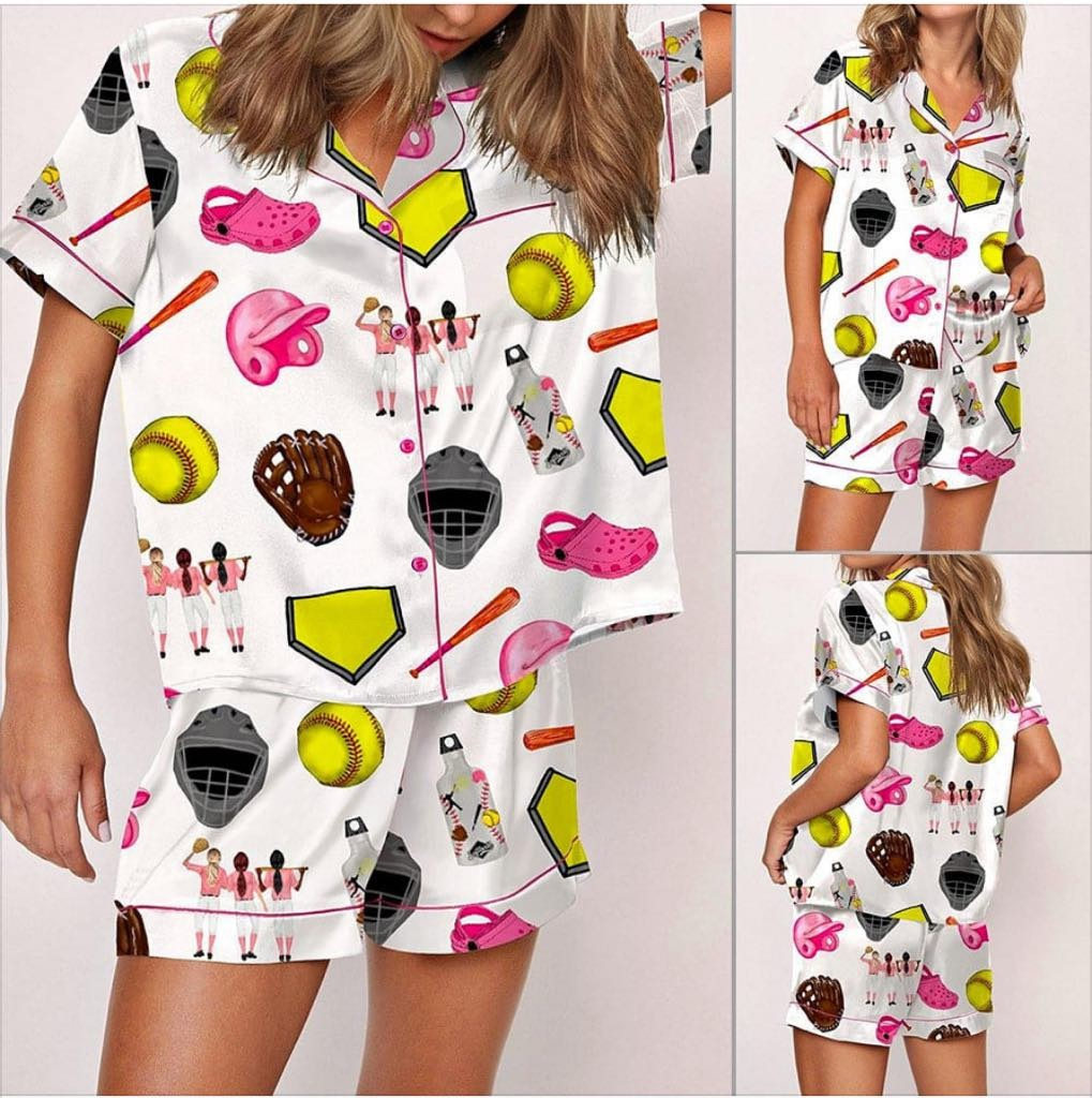 (Custom Design Preorder MOQ 5) Adult Softball Print Woman Buttons Summer Pajamas Clothes Set