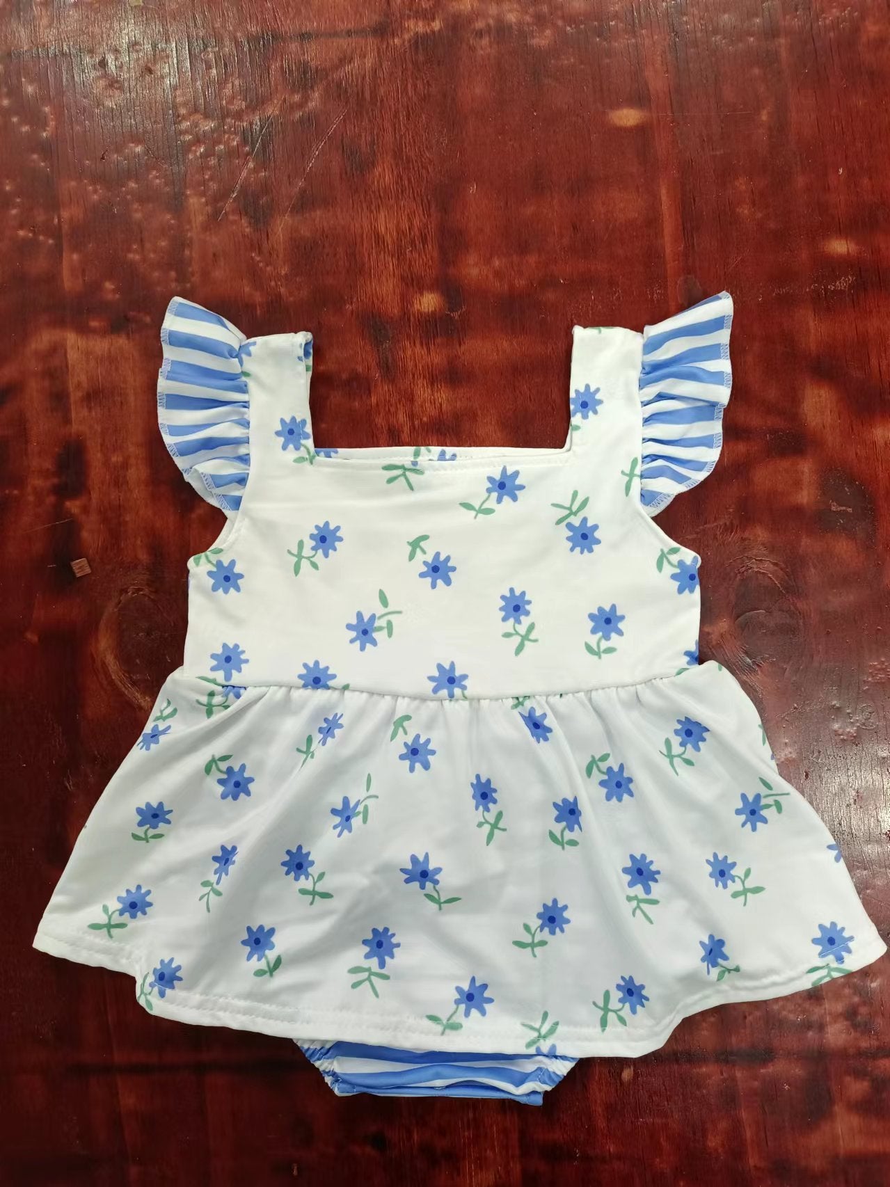 (Custom Design Preorder MOQ 5) Blue Flowers Print Baby Girls Summer Romper