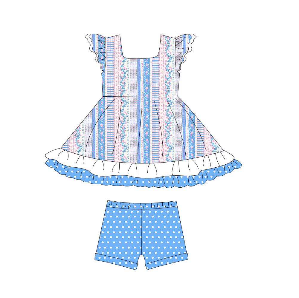(Custom Design Preorder MOQ 5) Small Flowers Tunic Top Dots Shorts Girls Summer Clothes Set