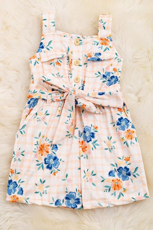 (Custom Design Preorder MOQ 5) Orange Blue Flowers Print Girls Summer Jumpsuits