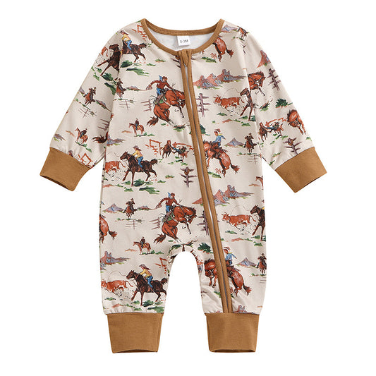 (Custom Design Preorder MOQ 20)  Cowboy Print Baby Boys Bamboo Fall Sleeper Zipper Romper