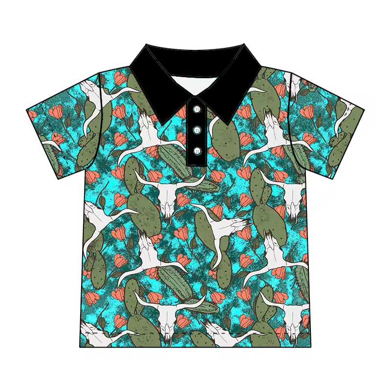 (Custom Design Preorder MOQ 5) Cow Skull Cactus Print Boys Summer Western Polo Tee Shirts Top