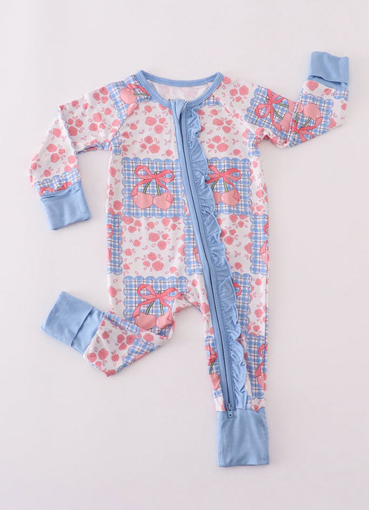 (Custom Design Preorder MOQ 5) Cherry Flowers Print Baby Girls Fall Sleeper Zipper Romper
