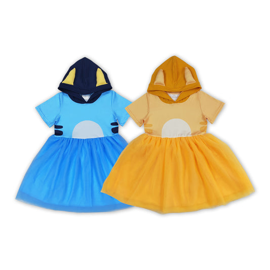 Cartoon Dog Print Girls Knee Length Summer Hoodie Tulle Dress Sisters Wear