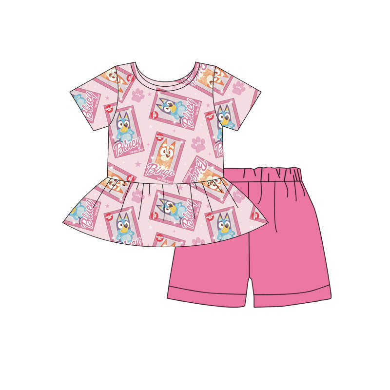 (Custom Design Preorder MOQ 5) Cartoon Dog Top Pink Shorts Girls Summer Clothes Set