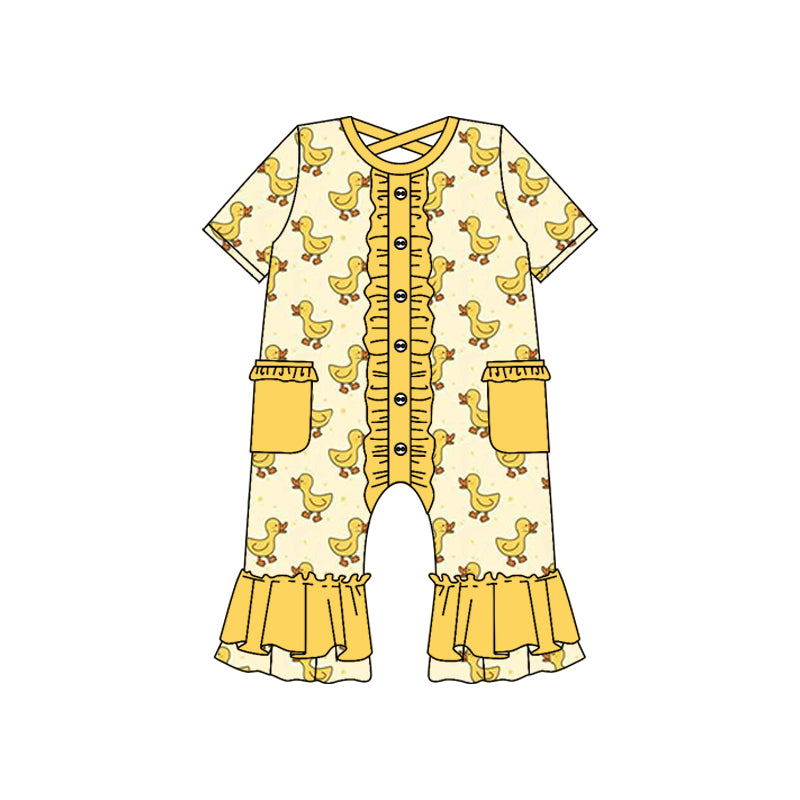 (Custom Design Preorder MOQ 5) Cute Yellow Duck Print Baby Girls Summer Romper