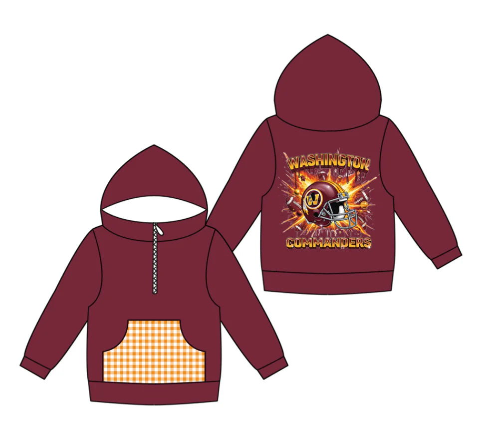 (Custom Design Preorder MOQ 5) Team's Washington Commanders Print Pocket Kidss Long Sleeve Zipper Hoodie Top