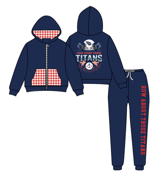 (Custom Design Preorder MOQ 5) Team's TITANS Zipper Hoodie Top Navy Pants Kids Fall Clothes Set