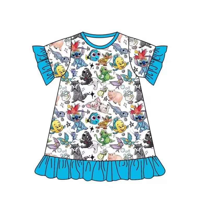 (Custom Design Preorder MOQ 5) Cartoon Animals Print Girls Knee Length Summer Dress