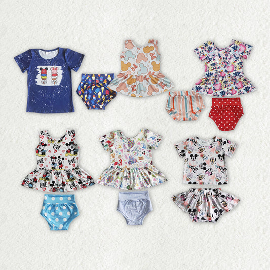 (Promotion)Cartoon Mouse Design Baby Girls Summer Bummie outfits Sisters Wear
