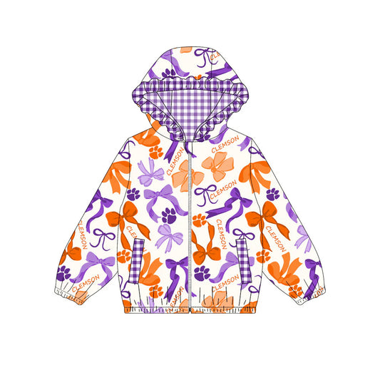 (Custom Design Preorder MOQ 5) Team's CLEMSON Bows Print Pockets Girls Long Sleeve Zipper Jackets Top