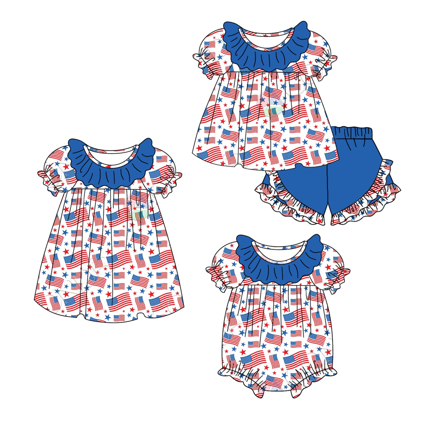 1.6(Custom Design Preorder MOQ 5 Each Design) Flag Print Girls 4th of July Matching Clothes Sisters Wear