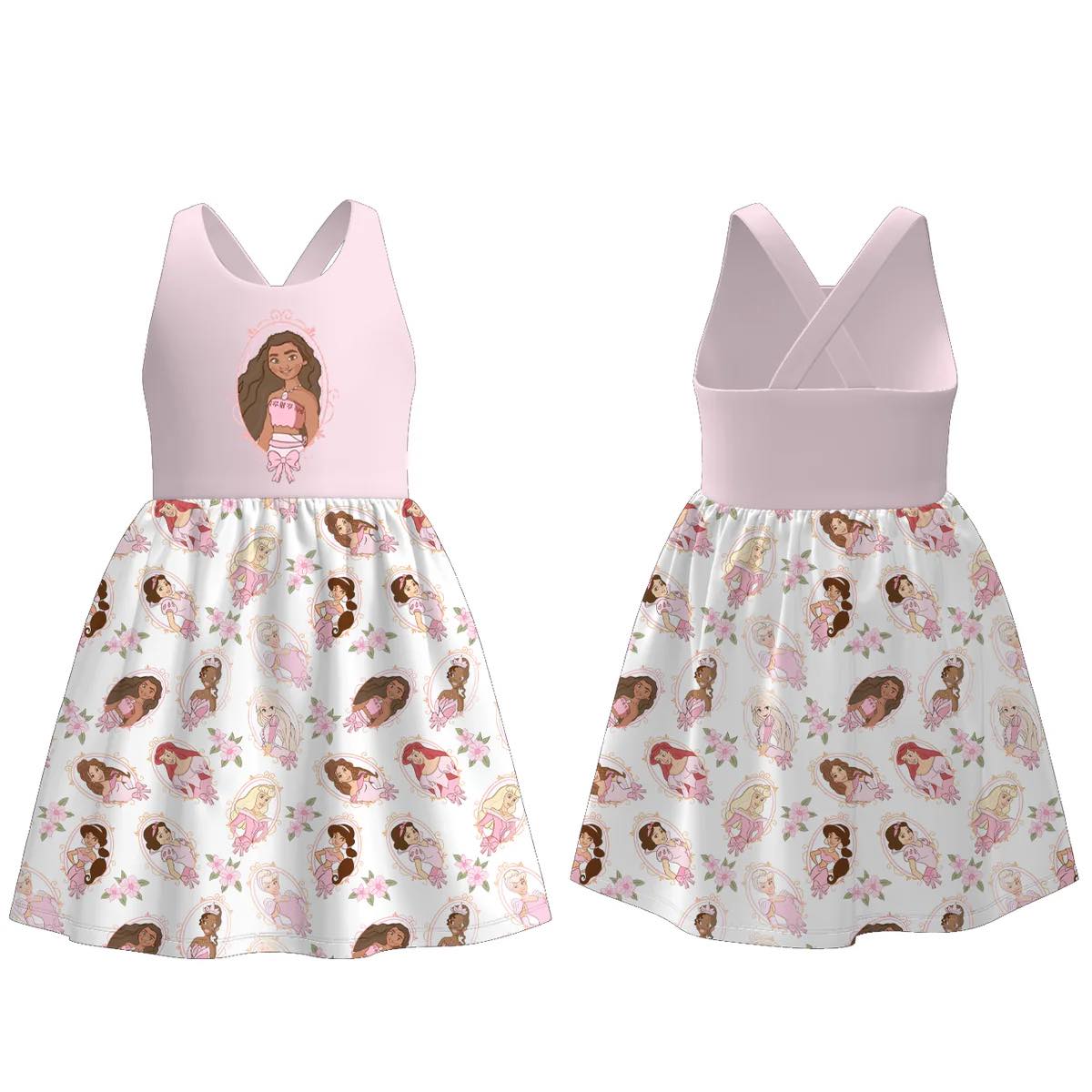 (Custom Design Preorder MOQ 5) Cartoon Princess Pink Flowers Print Girls Summer Knee Length Dress