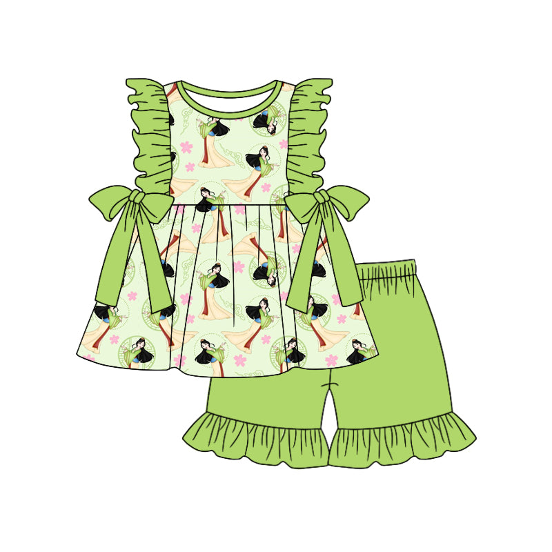 (Custom Design Preorder MOQ 5) Mulan Tunic Top Green Shorts Girls Summer Clothes Set
