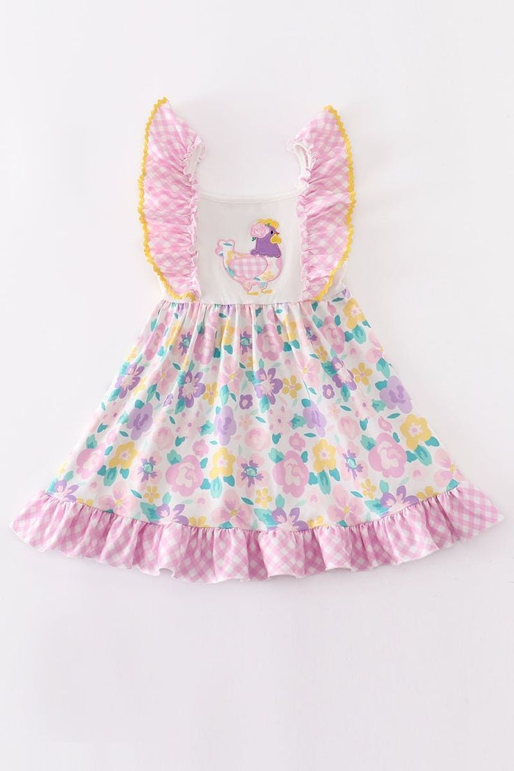 (Custom Design Preorder MOQ 5) Chicken Flowers Print Girls Knee Length Summer Dress