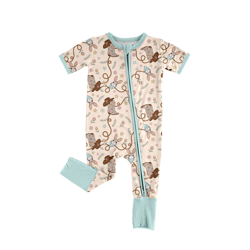 (Custom Design Preorder MOQ 20) Bunny Boots Print Baby Girls Western Easter Bamboo Sleeper Zipper Romper