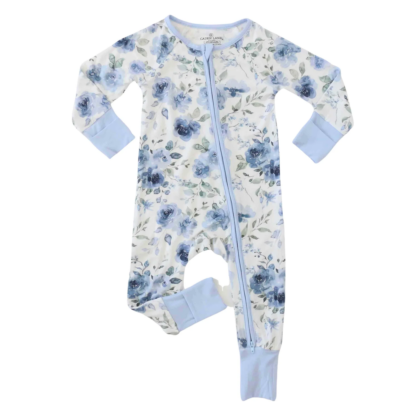 (Custom Design Preorder MOQ 20) Blue Flowers Print Baby Girls Bamboo Fall Sleeper Zipper Romper