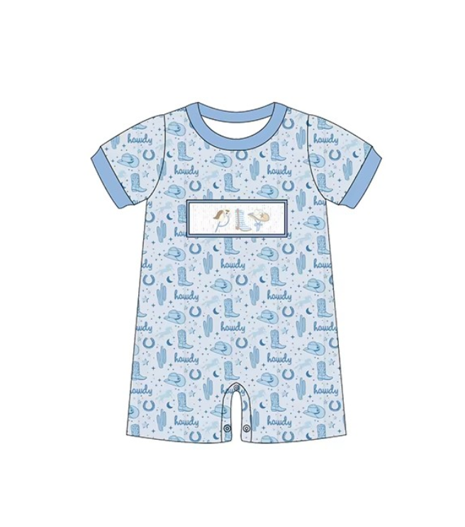 (Custom Design Preorder MOQ 5) Cowboy Hat Boots Blue Print Baby Boys Summer Romper