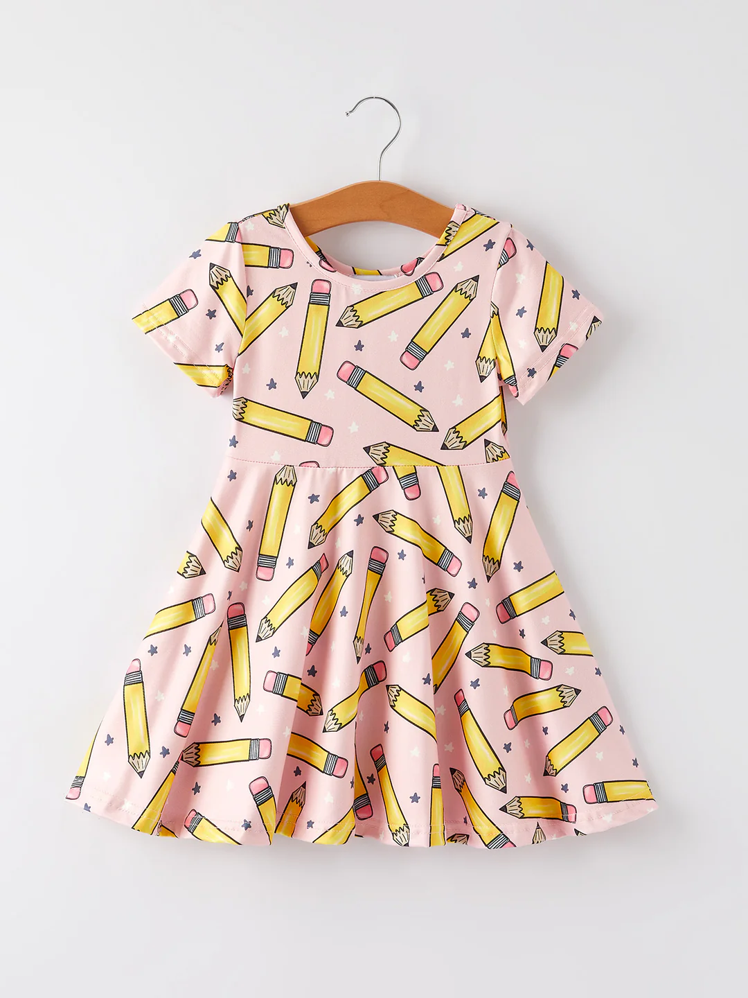 (Custom Design Preorder MOQ 5) Pen Stars Print Girls Back to School Knee Length Dress