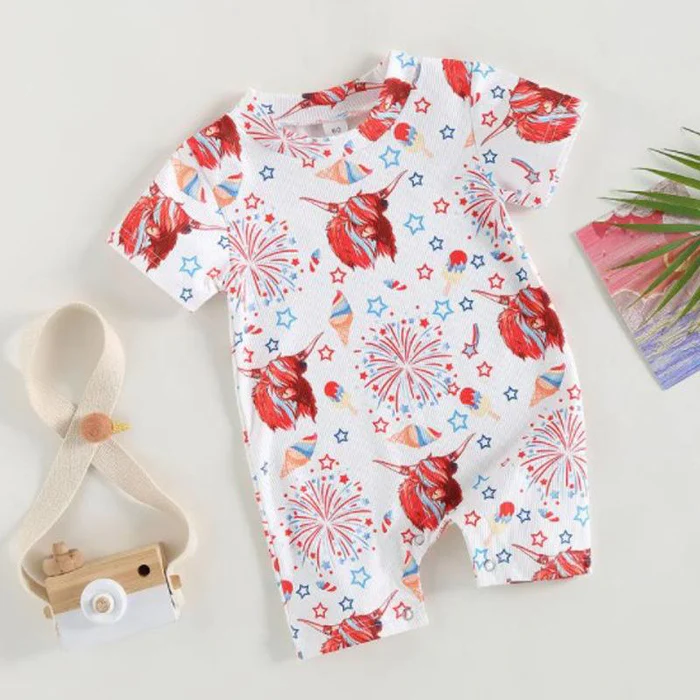(Custom Design Preorder MOQ 5) Highland Cow Fireworks Stars Print Baby 4th of July Romper