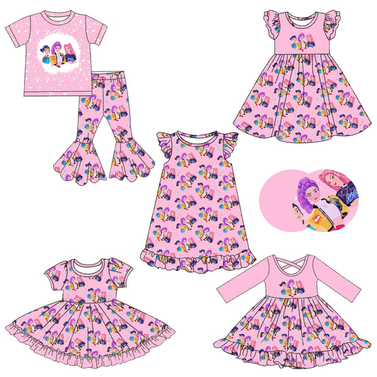 (Custom Design Preorder MOQ 5 Each Item) Cartoon KPOP Character Pink Print Girls Matching Clothes
