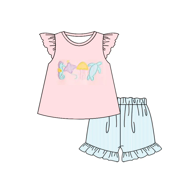 (Custom Design Preorder MOQ 5) Sea Fish Print Girls Summer Clothes Set