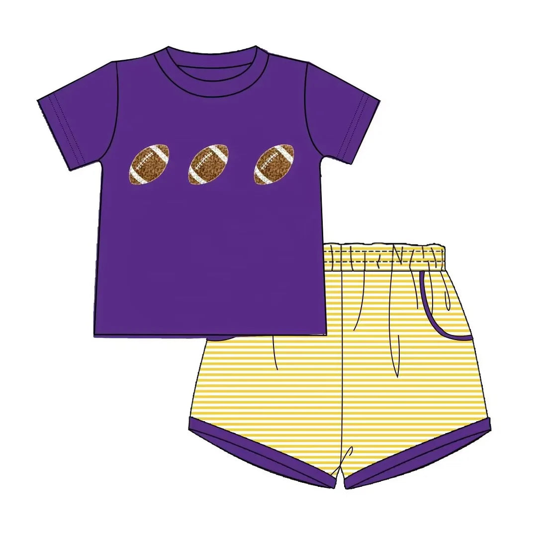 (Custom Design Preorder MOQ 5) Football Purple Top Stripes Shorts Boys Summer Clothes Set