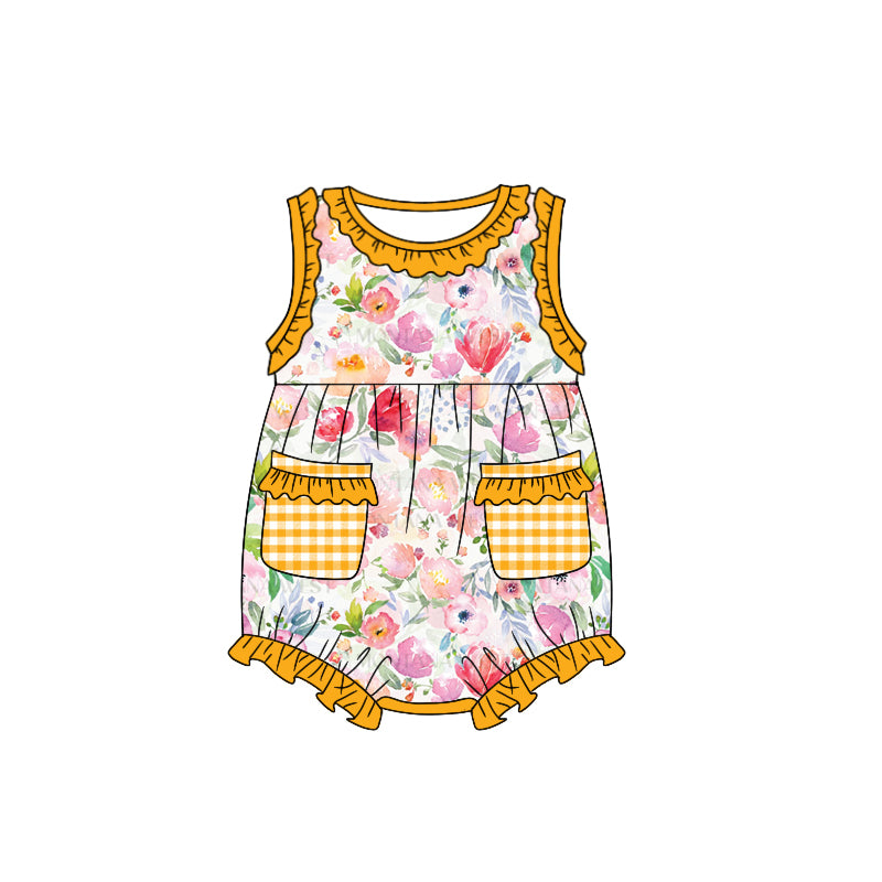 (Custom Design Preorder MOQ 5) Mustard Flowers Print Pockets Baby Girls Summer Romper