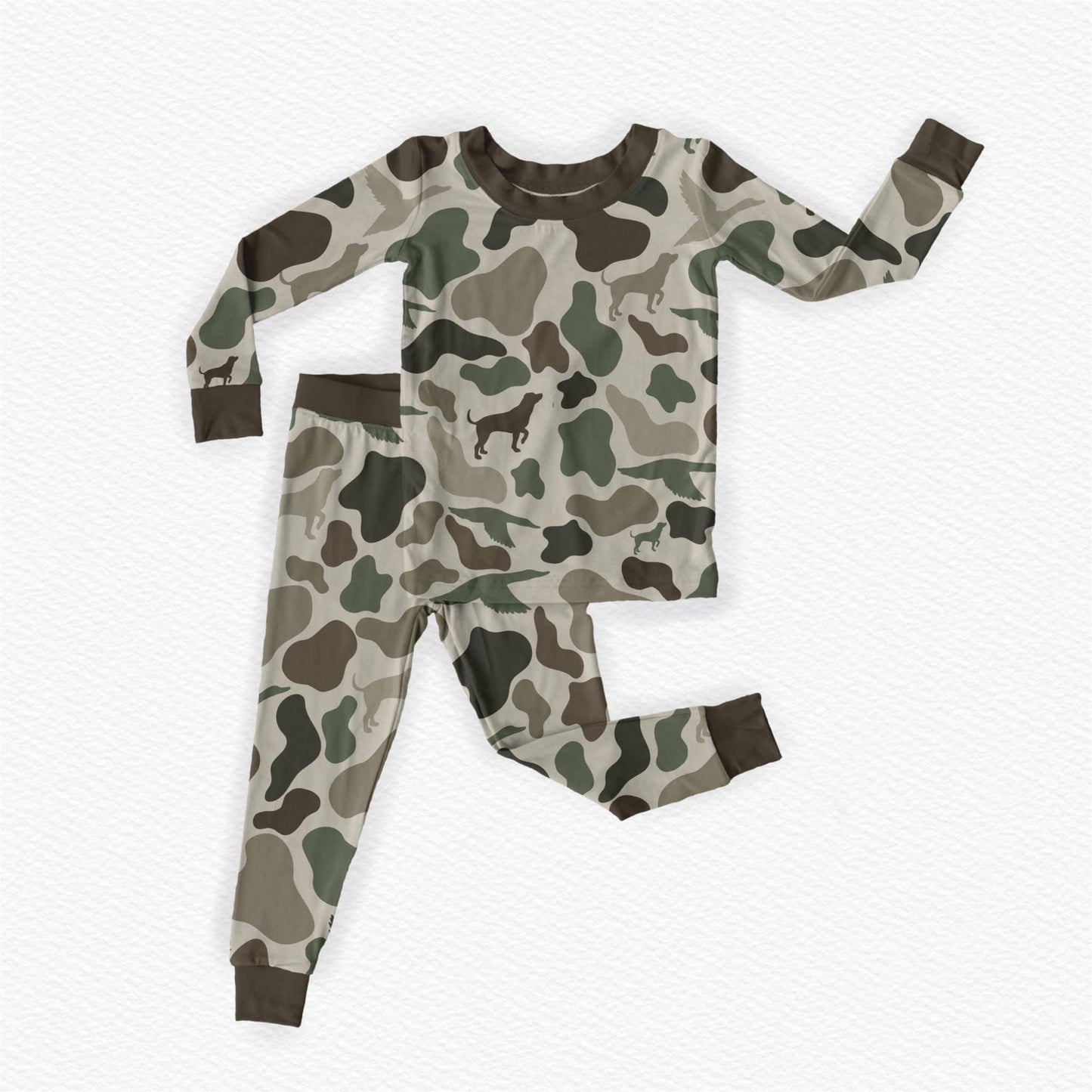 (Custom Design Preorder MOQ 20) Camo Dog Hunting Print Boys Bamboo Pajamas Clothes Set
