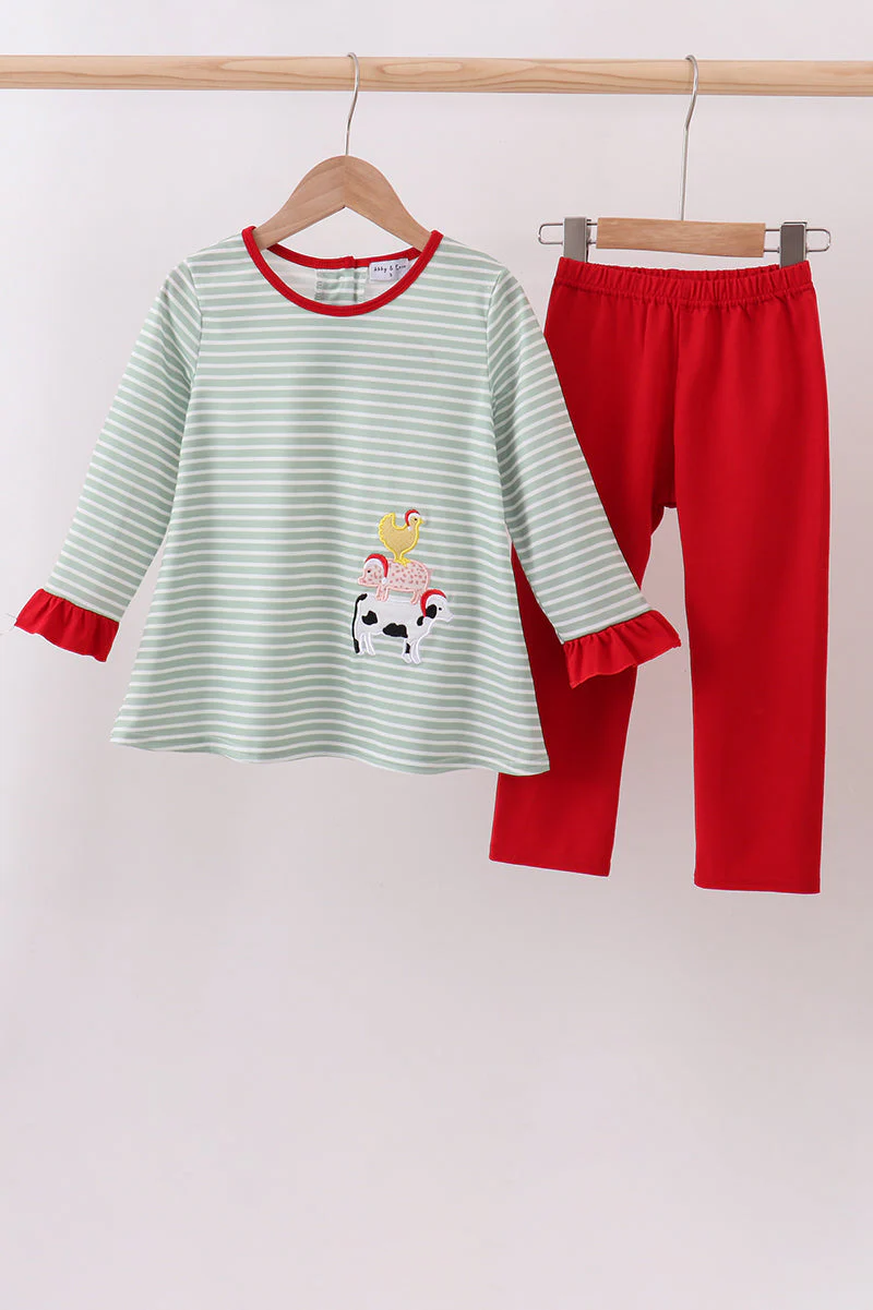 (Custom Design Preorder MOQ 5) Animals Stripes Tunic Top Red Legging Pants Girls Clothes Set