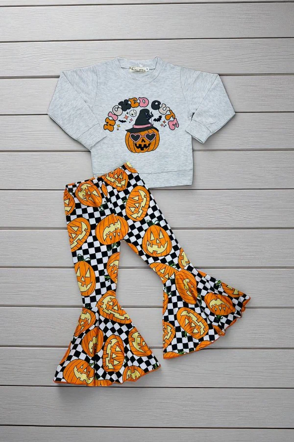 (Custom Design Preorder MOQ 5) Wiched Cute Top Plaid Bell Pants Girls Halloween Clothes Set