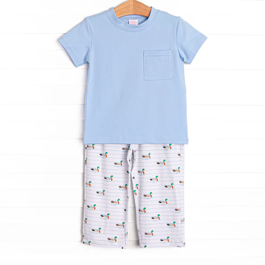 (Custom Design Preorder MOQ 5) Blue Pocket Top Duck Stripes Pants Boys Clothes Set