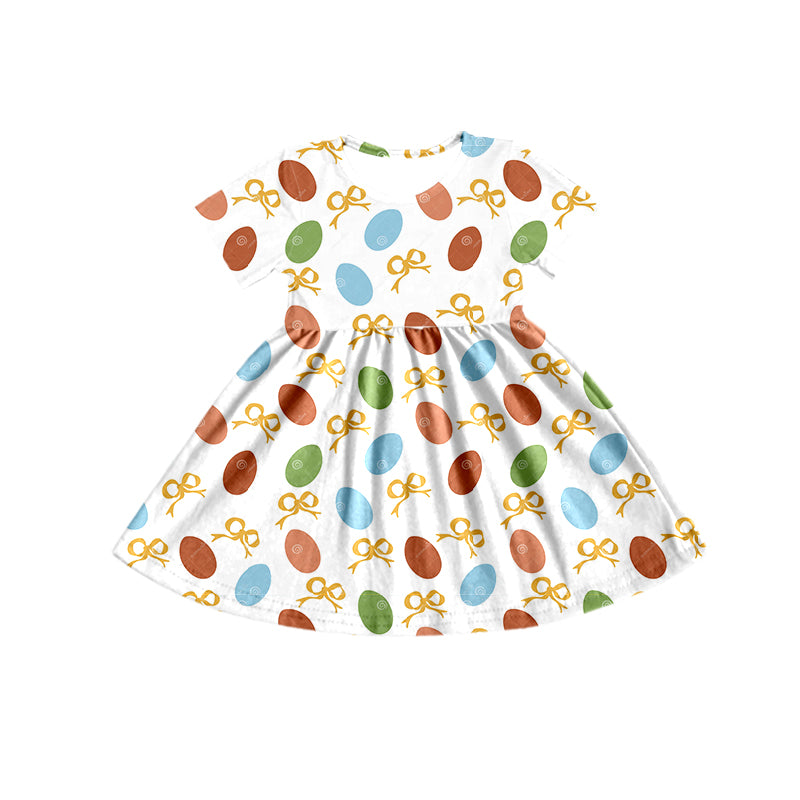 (Custom Design Preorder MOQ 5) Eggs Bows Print Girls Easter Knee Length Dress
