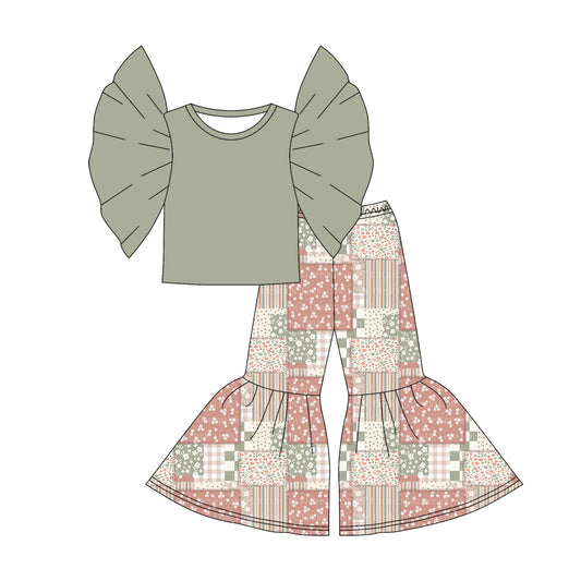 (Custom Design Preorder MOQ 5) Grey Top Flowers Bell Pants Girls Clothes Set
