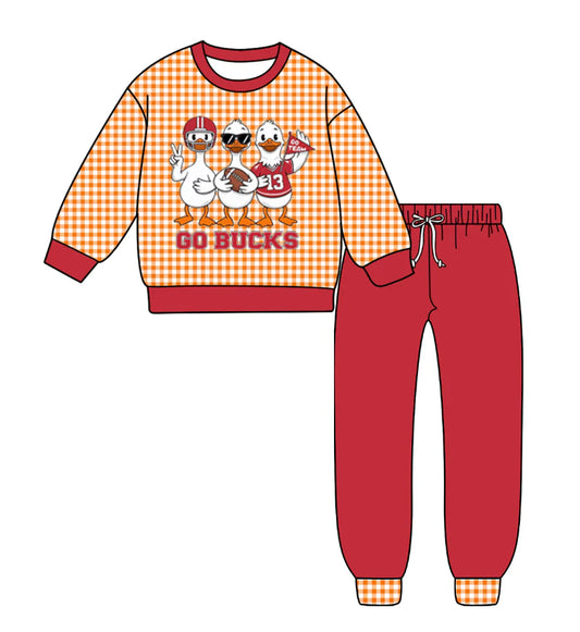 (Custom Design Preorder MOQ 5) Team's GO BUCKS Plaid Top Red Pants Kids Clothes Set