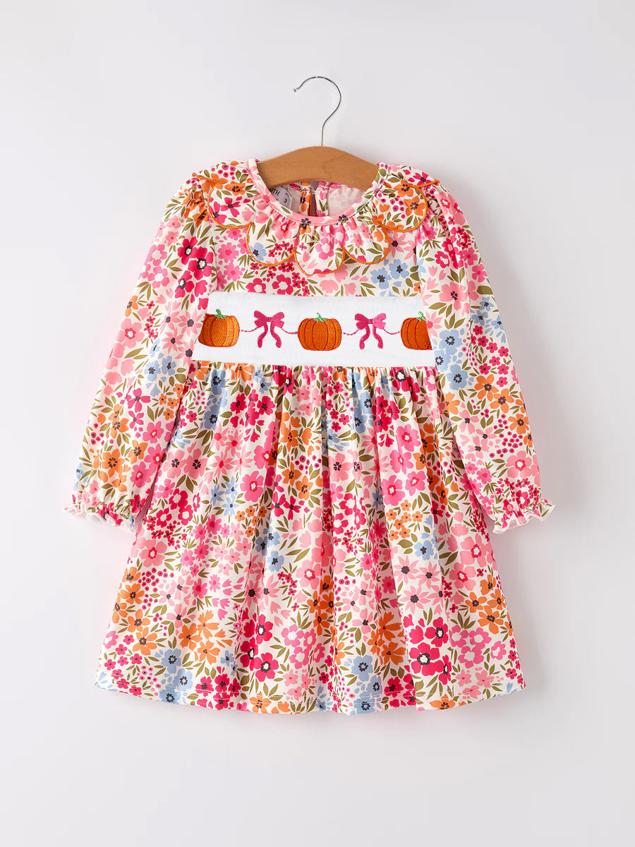 (Custom Design Preorder MOQ 5) Pumpkin Flowers Print Girls Fall Knee Length Dress