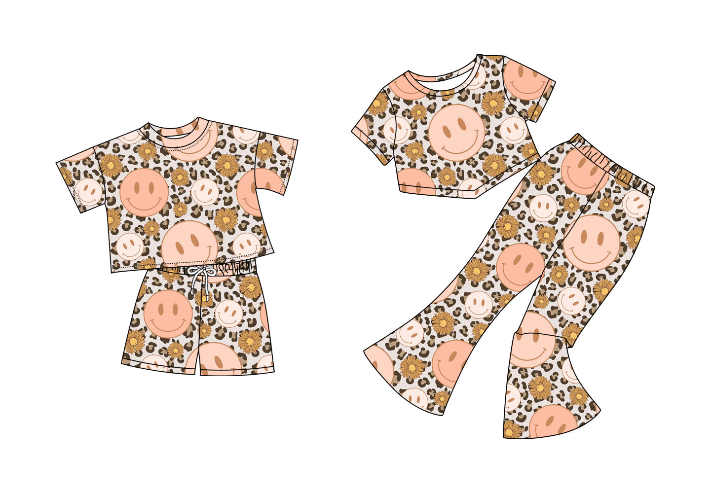 5.5(Custom Design Preorder MOQ 5 Each Design) Smiling Face Flowers Leopard Print Girls Matching Clothes Sisters Wear