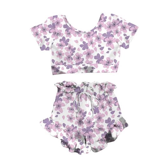 (Custom Design Preorder MOQ 5) Purple Flowers Top Shorts Baby Girls Summer Bummie Set